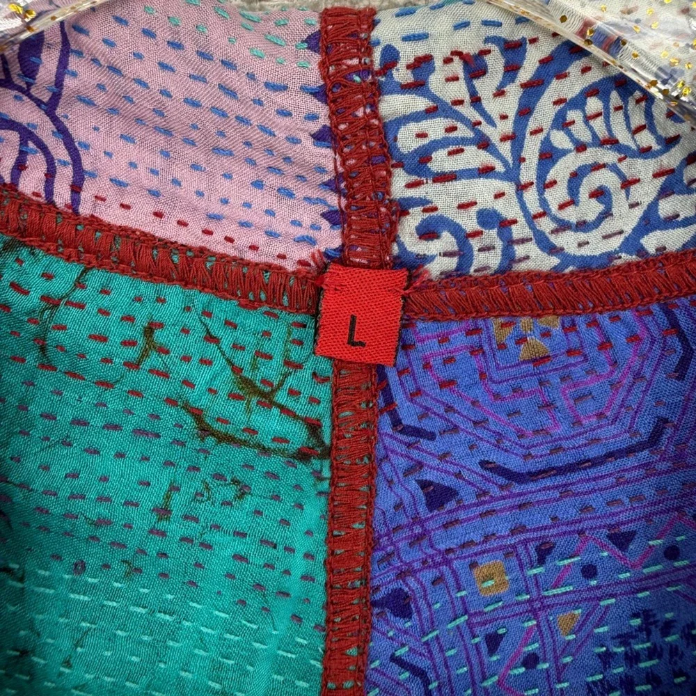 Mieko Mintz Kantha Silk Patchwork Jacket Womens Large Blue‎ Purple Boho Artisan